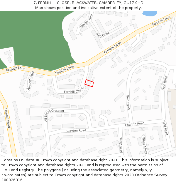 7, FERNHILL CLOSE, BLACKWATER, CAMBERLEY, GU17 9HD: Location map and indicative extent of plot