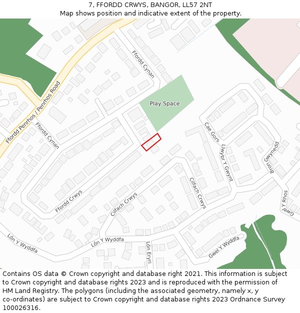 7, FFORDD CRWYS, BANGOR, LL57 2NT: Location map and indicative extent of plot