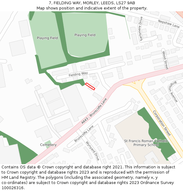 7, FIELDING WAY, MORLEY, LEEDS, LS27 9AB: Location map and indicative extent of plot