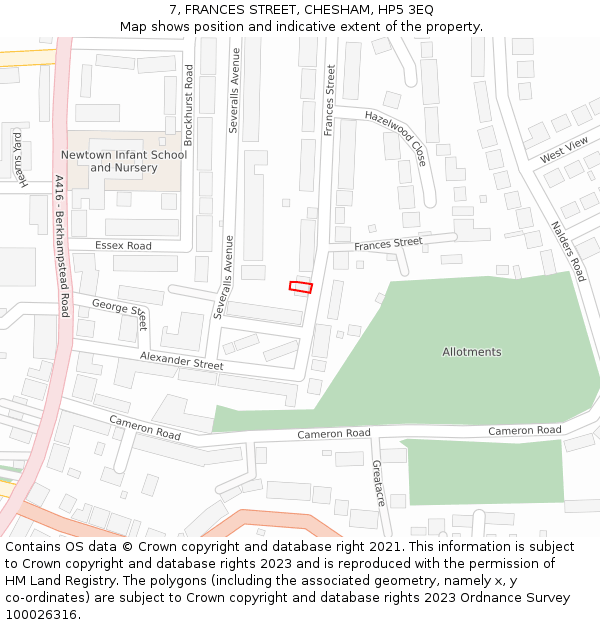 7, FRANCES STREET, CHESHAM, HP5 3EQ: Location map and indicative extent of plot