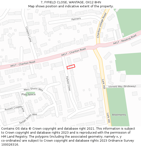 7, FYFIELD CLOSE, WANTAGE, OX12 8HN: Location map and indicative extent of plot