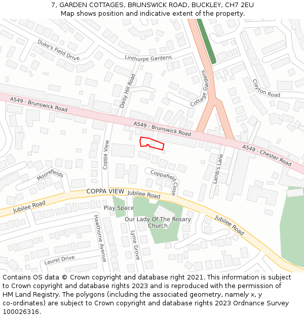 7, GARDEN COTTAGES, BRUNSWICK ROAD, BUCKLEY, CH7 2EU: Location map and indicative extent of plot