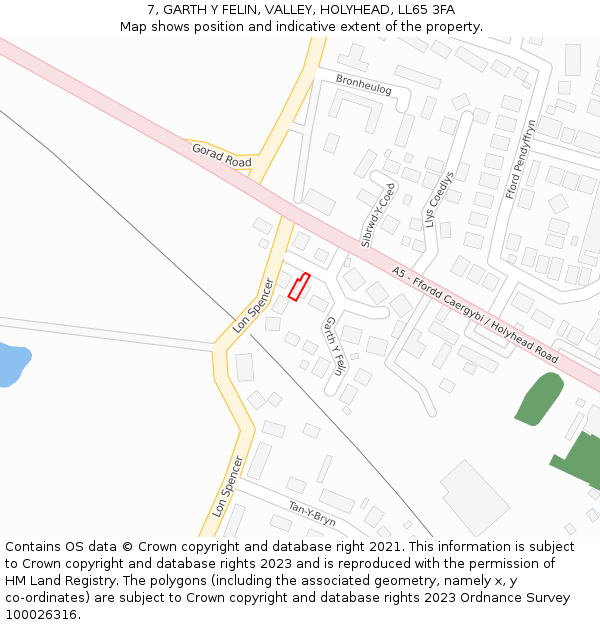 7, GARTH Y FELIN, VALLEY, HOLYHEAD, LL65 3FA: Location map and indicative extent of plot