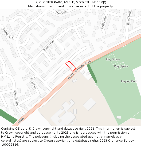 7, GLOSTER PARK, AMBLE, MORPETH, NE65 0JQ: Location map and indicative extent of plot
