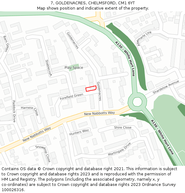7, GOLDENACRES, CHELMSFORD, CM1 6YT: Location map and indicative extent of plot