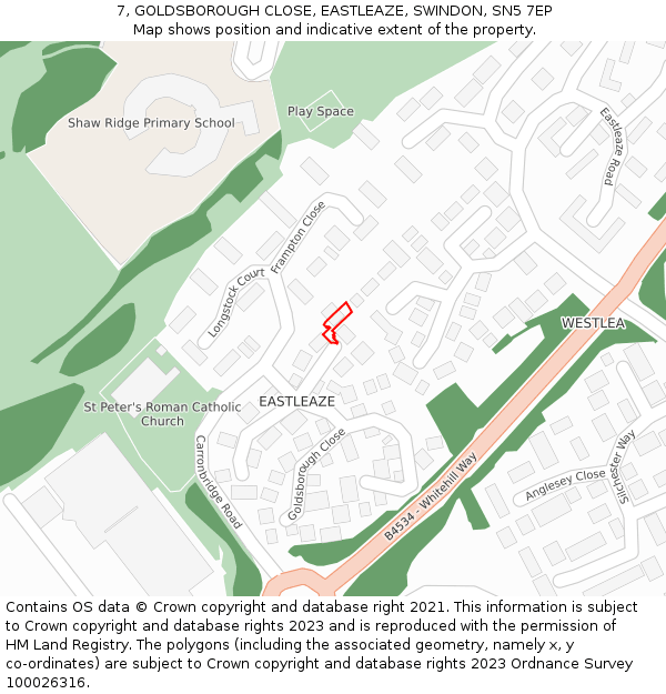 7, GOLDSBOROUGH CLOSE, EASTLEAZE, SWINDON, SN5 7EP: Location map and indicative extent of plot
