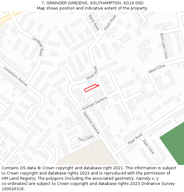 7, GRAINGER GARDENS, SOUTHAMPTON, SO19 0SD: Location map and indicative extent of plot