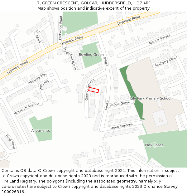 7, GREEN CRESCENT, GOLCAR, HUDDERSFIELD, HD7 4RF: Location map and indicative extent of plot