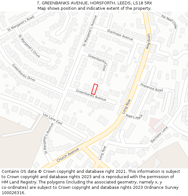 7, GREENBANKS AVENUE, HORSFORTH, LEEDS, LS18 5RX: Location map and indicative extent of plot