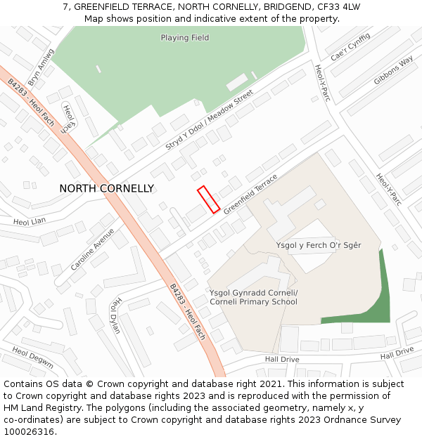 7, GREENFIELD TERRACE, NORTH CORNELLY, BRIDGEND, CF33 4LW: Location map and indicative extent of plot