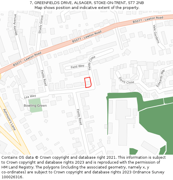 7, GREENFIELDS DRIVE, ALSAGER, STOKE-ON-TRENT, ST7 2NB: Location map and indicative extent of plot