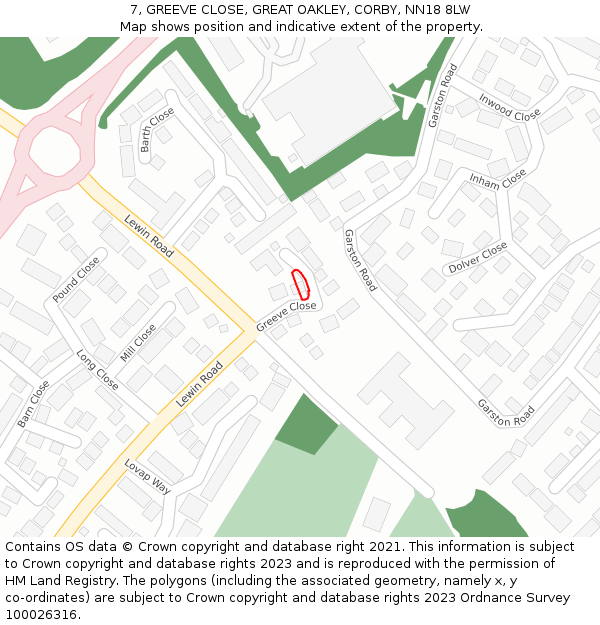 7, GREEVE CLOSE, GREAT OAKLEY, CORBY, NN18 8LW: Location map and indicative extent of plot