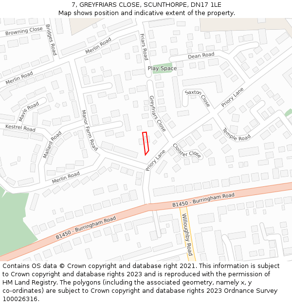 7, GREYFRIARS CLOSE, SCUNTHORPE, DN17 1LE: Location map and indicative extent of plot