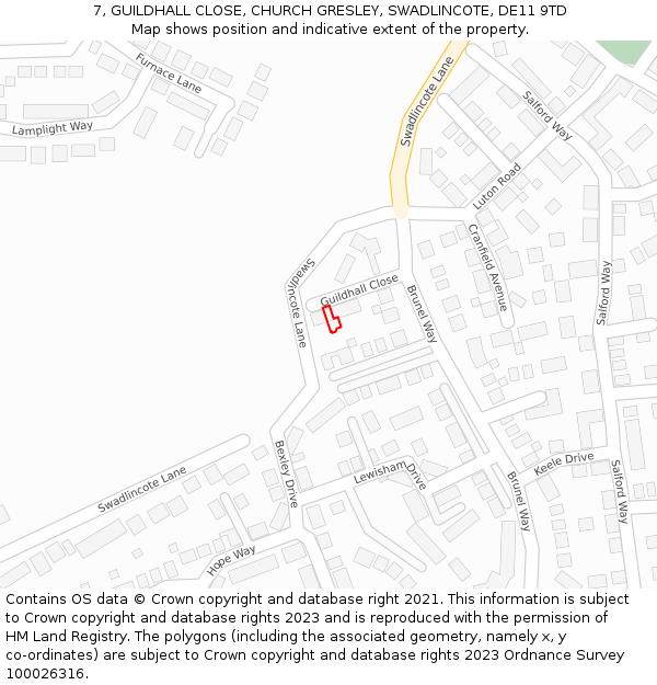 7, GUILDHALL CLOSE, CHURCH GRESLEY, SWADLINCOTE, DE11 9TD: Location map and indicative extent of plot