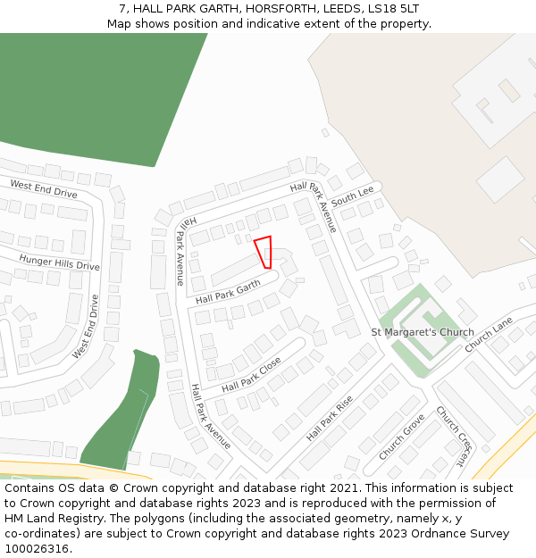 7, HALL PARK GARTH, HORSFORTH, LEEDS, LS18 5LT: Location map and indicative extent of plot