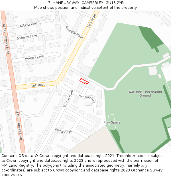 7, HANBURY WAY, CAMBERLEY, GU15 2YB: Location map and indicative extent of plot