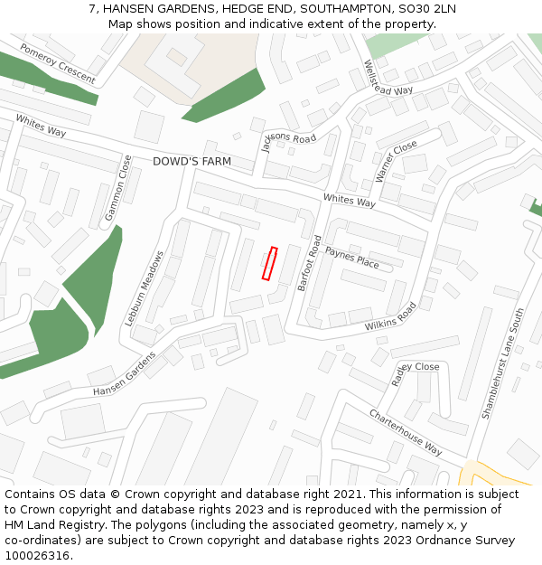 7, HANSEN GARDENS, HEDGE END, SOUTHAMPTON, SO30 2LN: Location map and indicative extent of plot