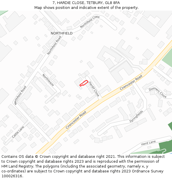 7, HARDIE CLOSE, TETBURY, GL8 8FA: Location map and indicative extent of plot