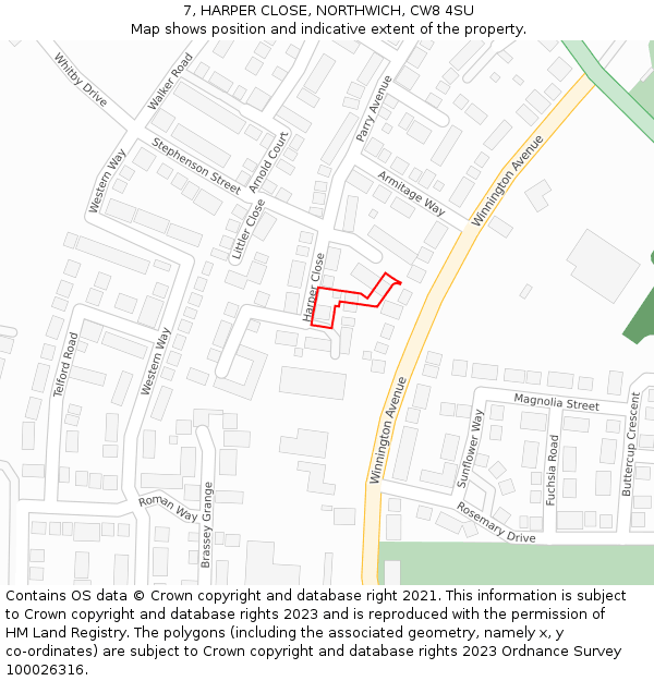7, HARPER CLOSE, NORTHWICH, CW8 4SU: Location map and indicative extent of plot