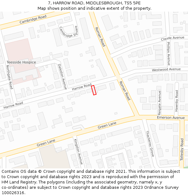7, HARROW ROAD, MIDDLESBROUGH, TS5 5PE: Location map and indicative extent of plot