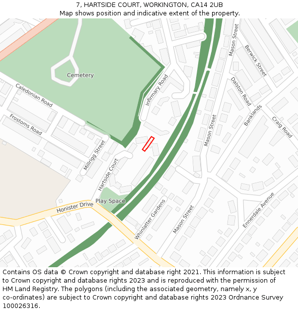7, HARTSIDE COURT, WORKINGTON, CA14 2UB: Location map and indicative extent of plot