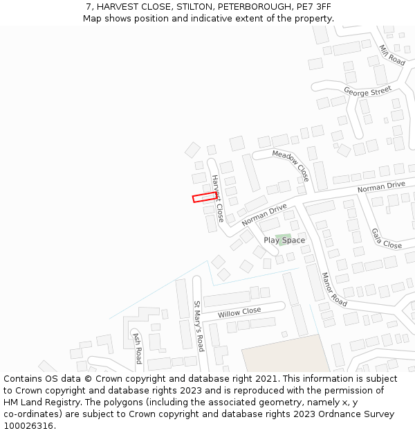 7, HARVEST CLOSE, STILTON, PETERBOROUGH, PE7 3FF: Location map and indicative extent of plot