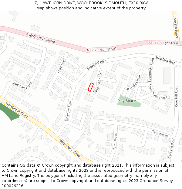 7, HAWTHORN DRIVE, WOOLBROOK, SIDMOUTH, EX10 9XW: Location map and indicative extent of plot