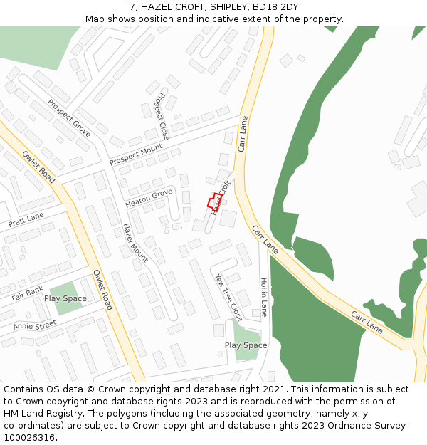 7, HAZEL CROFT, SHIPLEY, BD18 2DY: Location map and indicative extent of plot