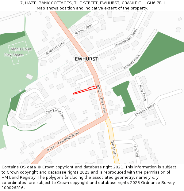 7, HAZELBANK COTTAGES, THE STREET, EWHURST, CRANLEIGH, GU6 7RH: Location map and indicative extent of plot