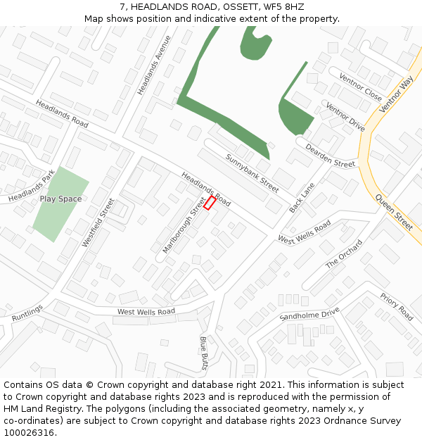 7, HEADLANDS ROAD, OSSETT, WF5 8HZ: Location map and indicative extent of plot
