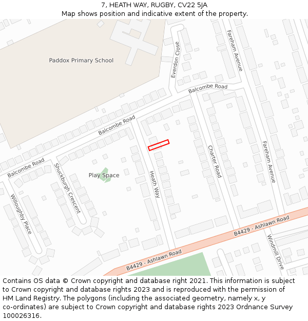 7, HEATH WAY, RUGBY, CV22 5JA: Location map and indicative extent of plot