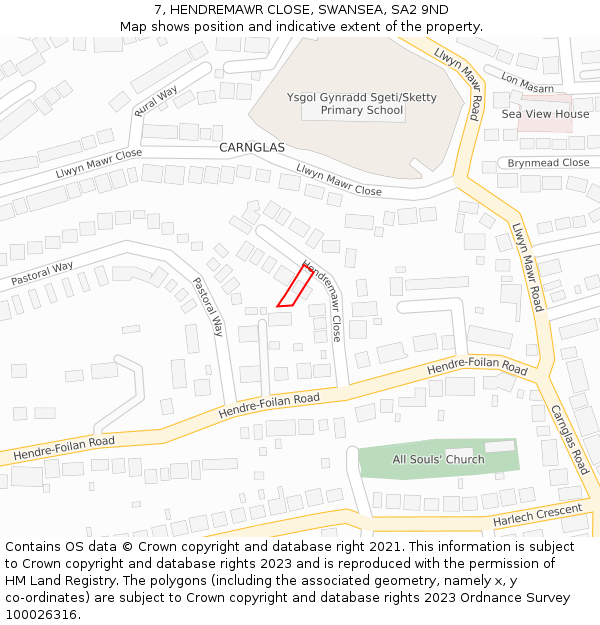 7, HENDREMAWR CLOSE, SWANSEA, SA2 9ND: Location map and indicative extent of plot