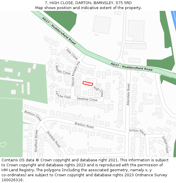 7, HIGH CLOSE, DARTON, BARNSLEY, S75 5RD: Location map and indicative extent of plot