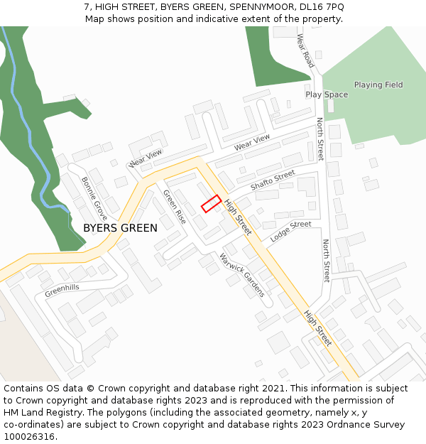 7, HIGH STREET, BYERS GREEN, SPENNYMOOR, DL16 7PQ: Location map and indicative extent of plot