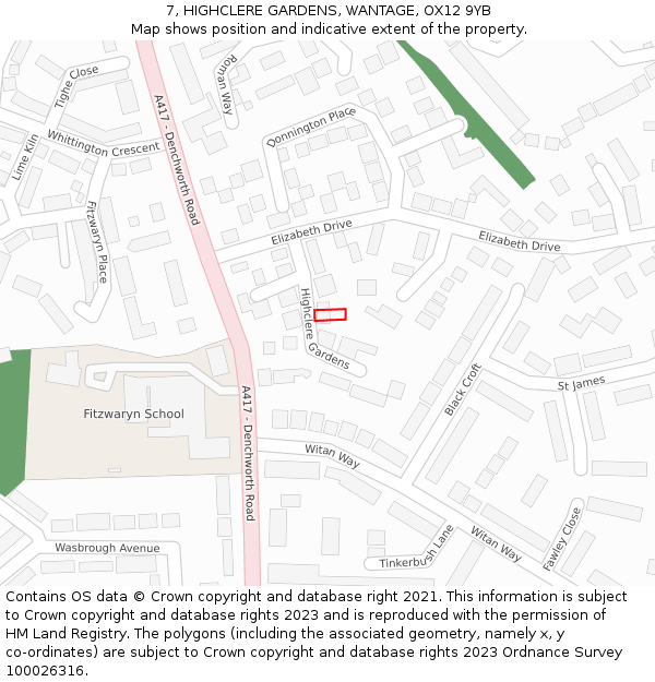 7, HIGHCLERE GARDENS, WANTAGE, OX12 9YB: Location map and indicative extent of plot