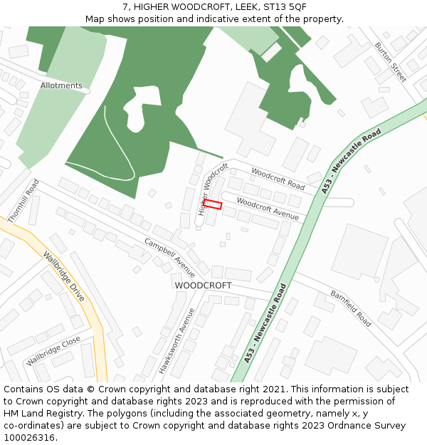 7, HIGHER WOODCROFT, LEEK, ST13 5QF: Location map and indicative extent of plot
