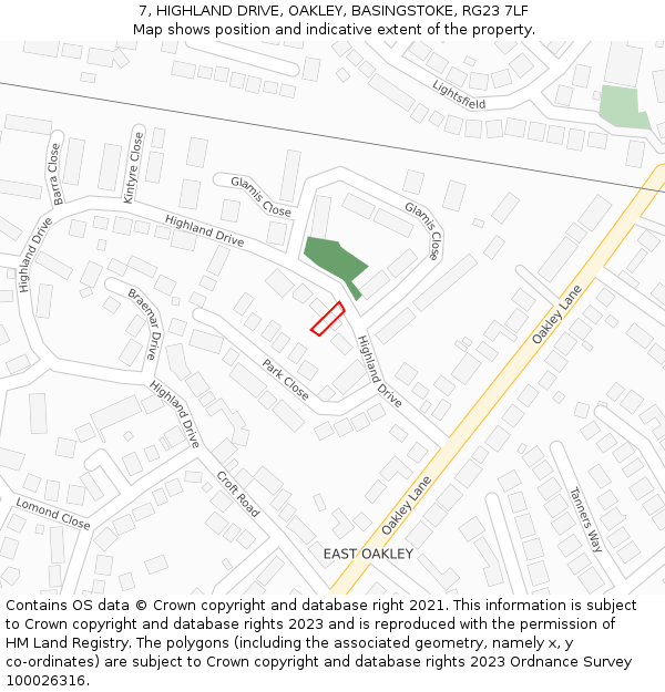7, HIGHLAND DRIVE, OAKLEY, BASINGSTOKE, RG23 7LF: Location map and indicative extent of plot