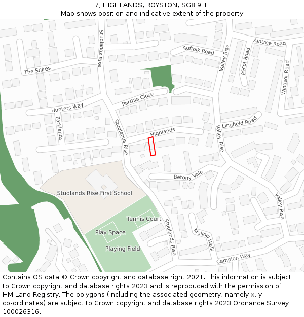 7, HIGHLANDS, ROYSTON, SG8 9HE: Location map and indicative extent of plot
