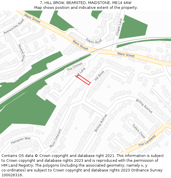 7, HILL BROW, BEARSTED, MAIDSTONE, ME14 4AW: Location map and indicative extent of plot