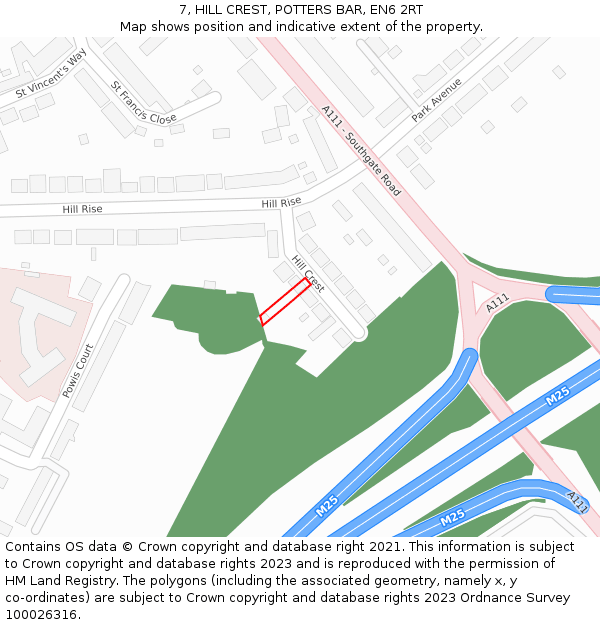 7, HILL CREST, POTTERS BAR, EN6 2RT: Location map and indicative extent of plot