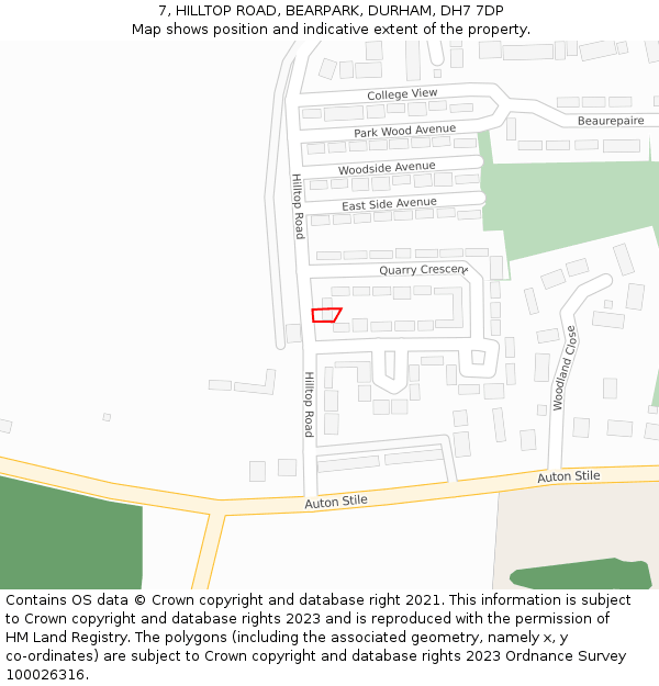 7, HILLTOP ROAD, BEARPARK, DURHAM, DH7 7DP: Location map and indicative extent of plot