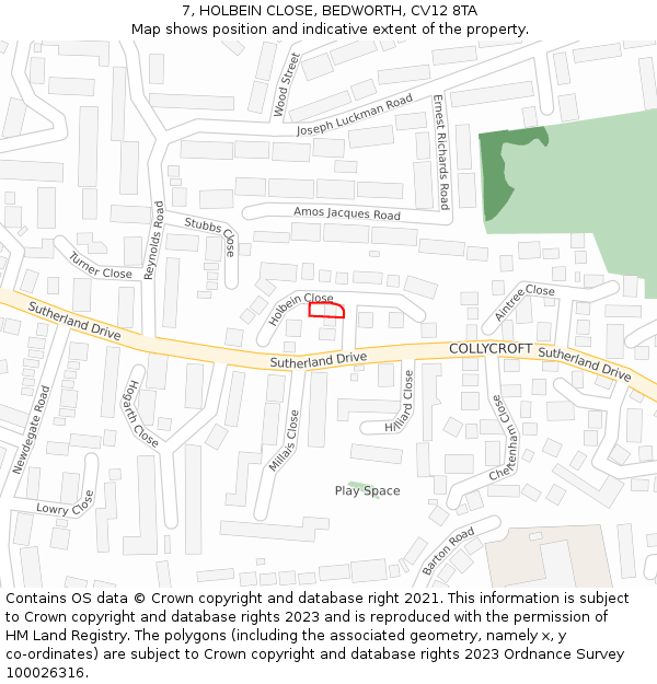 7, HOLBEIN CLOSE, BEDWORTH, CV12 8TA: Location map and indicative extent of plot