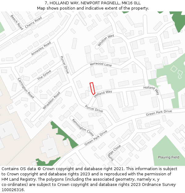7, HOLLAND WAY, NEWPORT PAGNELL, MK16 0LL: Location map and indicative extent of plot