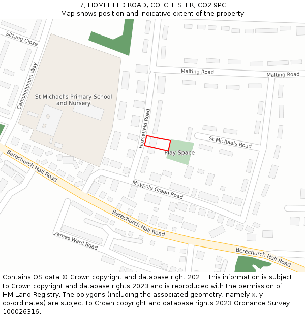 7, HOMEFIELD ROAD, COLCHESTER, CO2 9PG: Location map and indicative extent of plot