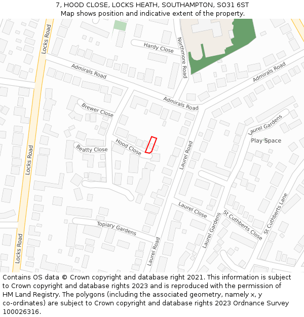 7, HOOD CLOSE, LOCKS HEATH, SOUTHAMPTON, SO31 6ST: Location map and indicative extent of plot