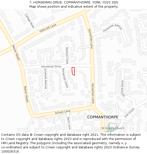 7, HORSEMAN DRIVE, COPMANTHORPE, YORK, YO23 3SN: Location map and indicative extent of plot