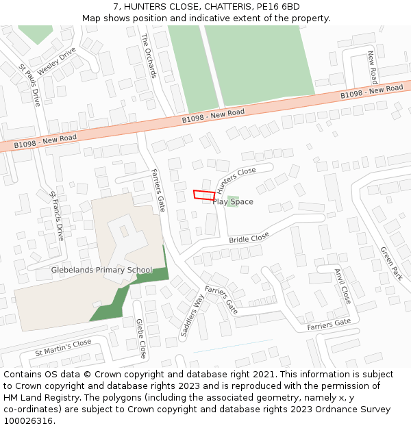 7, HUNTERS CLOSE, CHATTERIS, PE16 6BD: Location map and indicative extent of plot