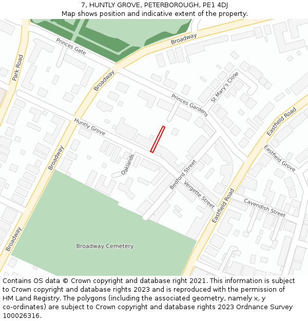 7, HUNTLY GROVE, PETERBOROUGH, PE1 4DJ: Location map and indicative extent of plot