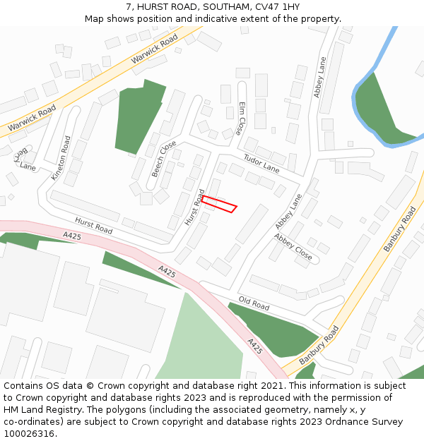 7, HURST ROAD, SOUTHAM, CV47 1HY: Location map and indicative extent of plot
