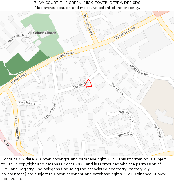 7, IVY COURT, THE GREEN, MICKLEOVER, DERBY, DE3 0DS: Location map and indicative extent of plot